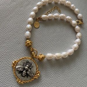 Bee necklace with real Freshwater pearls 24handcast gold designer by Susan Shaw